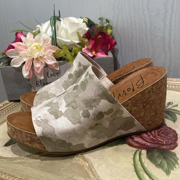 Blowfish Malibu Haxy Band Camo Cork Wedges Sz 10 - Picture 4 of 12